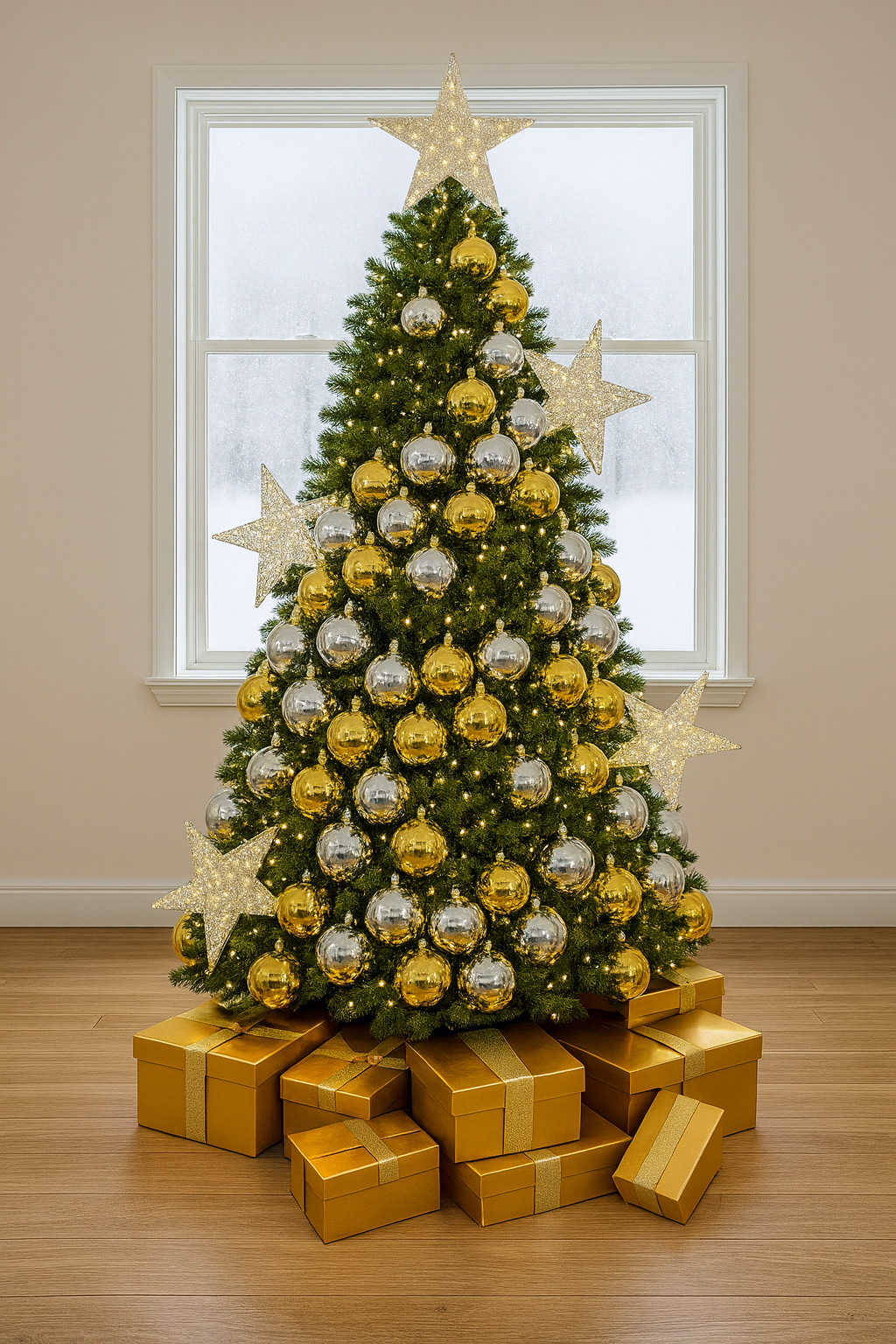 Árvore de Natal com Esferas Douradas e Prateadas Gigantes