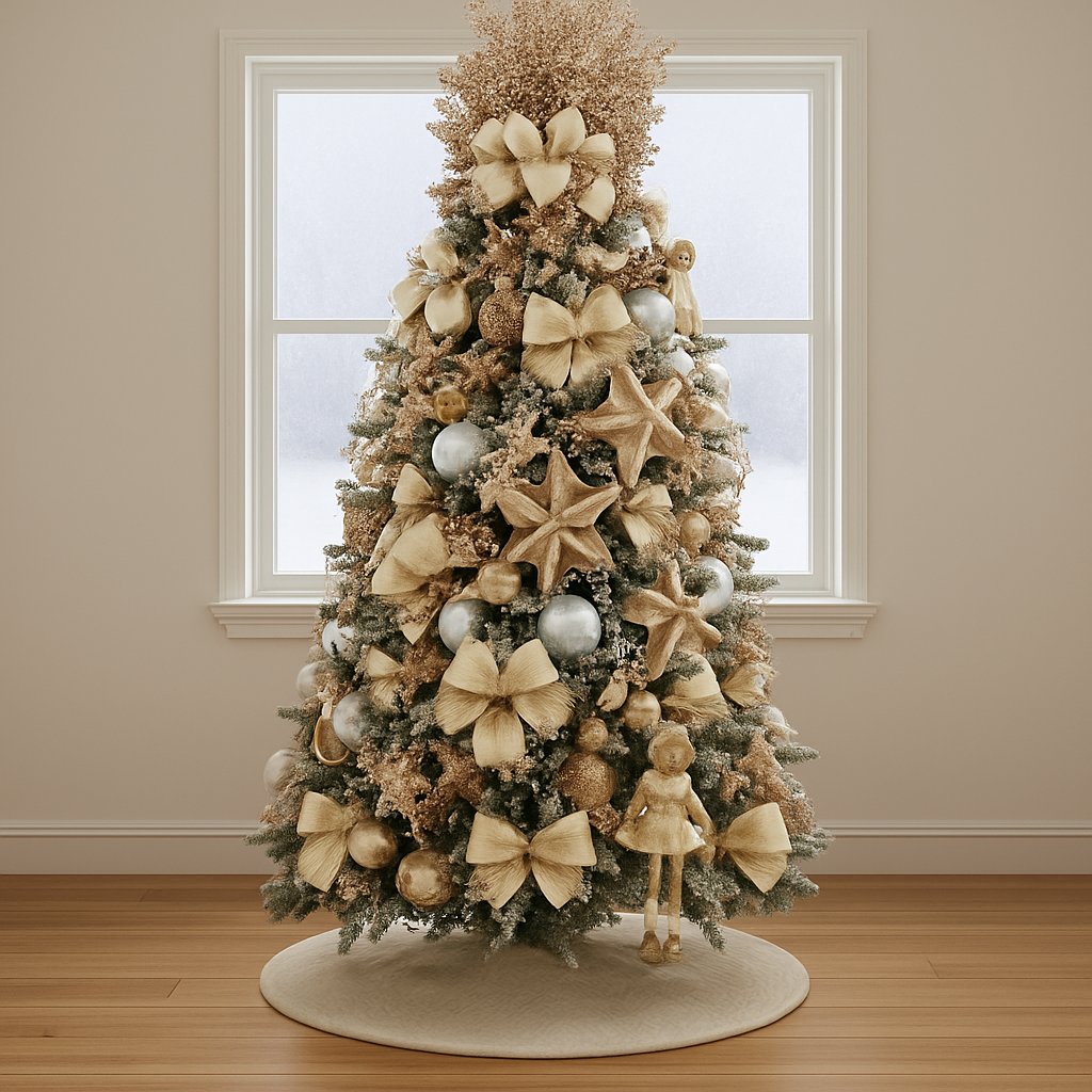 Árvore de Natal com Laços Champagne, Flores Douradas e Bonecas Decorativas
