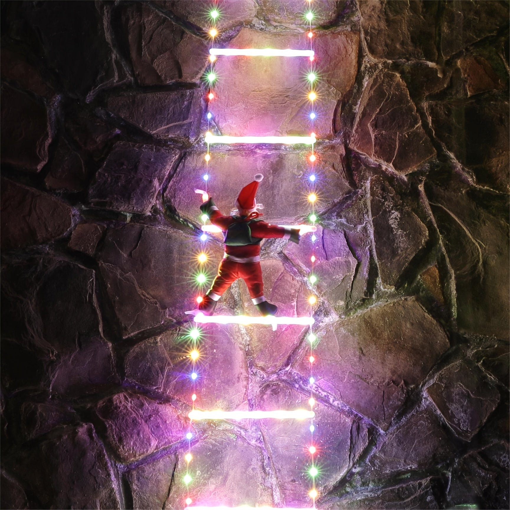 Papai Noel subindo escada com luzes de Led